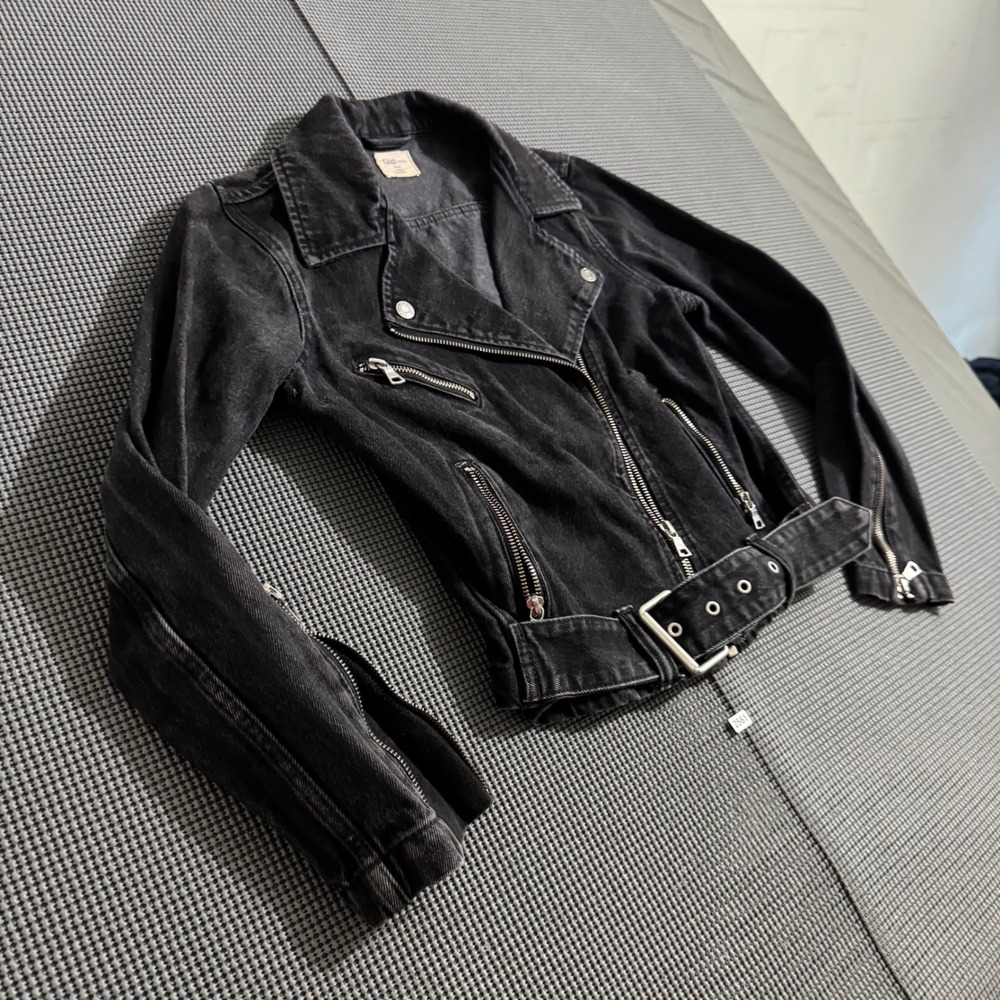 Gap 1989 Womens Black Denim Moto Jacket Asymmetrical Zip Belted Size XS/P